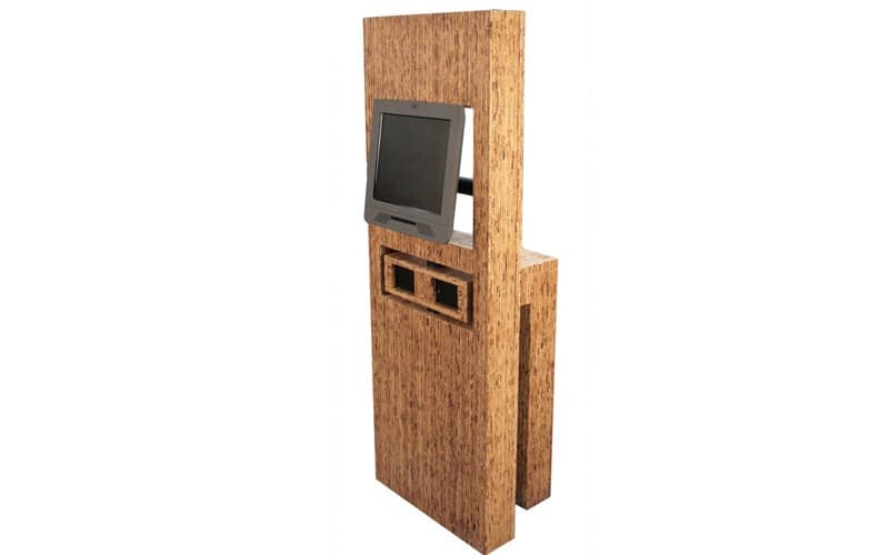 olea-wooden-eco-friendly-kiosk This was an experimental Environmentally-friendly Kiosk that Olea developed and exhibited at a tradeshow with IBM. The enclosure was made of Sorghum board which used a waste product from the Sorghum plant to make a pressed board material. Circa 2008.